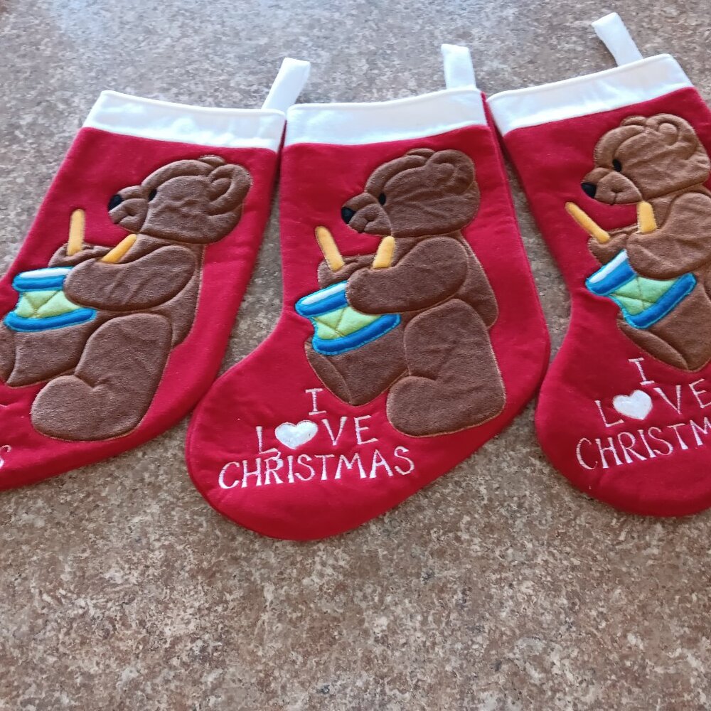 3 Vtg. DAKIN RED Christmas Stockings W/Bear Drummer